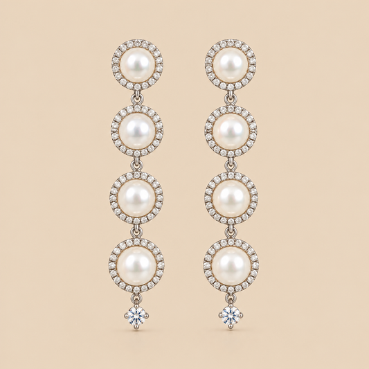 A pair of long drop earrings featuring four stacked white pearls in circular settings surrounded by small clear stones, with a single clear round-shaped stone dangling below each earring, shown on a solid beige background.