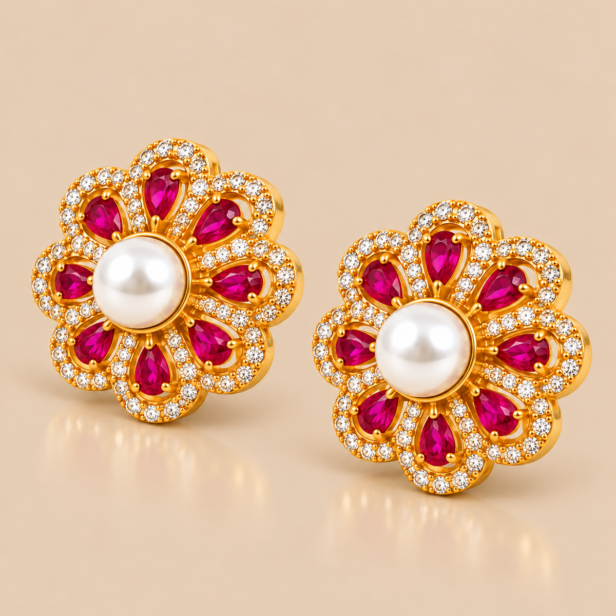 A pair of gold flower-shaped stud earrings with white pearl centers, surrounded by rows of small clear stones and bright pink teardrop-shaped gemstones, shown on a warm beige background.