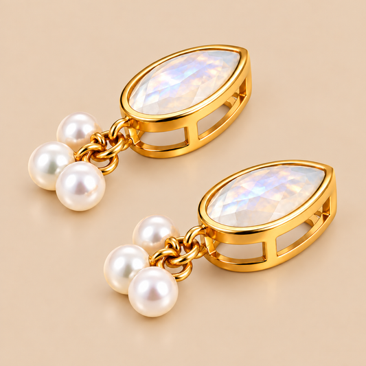 A pair of gold teardrop-shaped dangle earrings featuring iridescent white moonstone tops and three small white pearl drops below, set against a solid beige background.