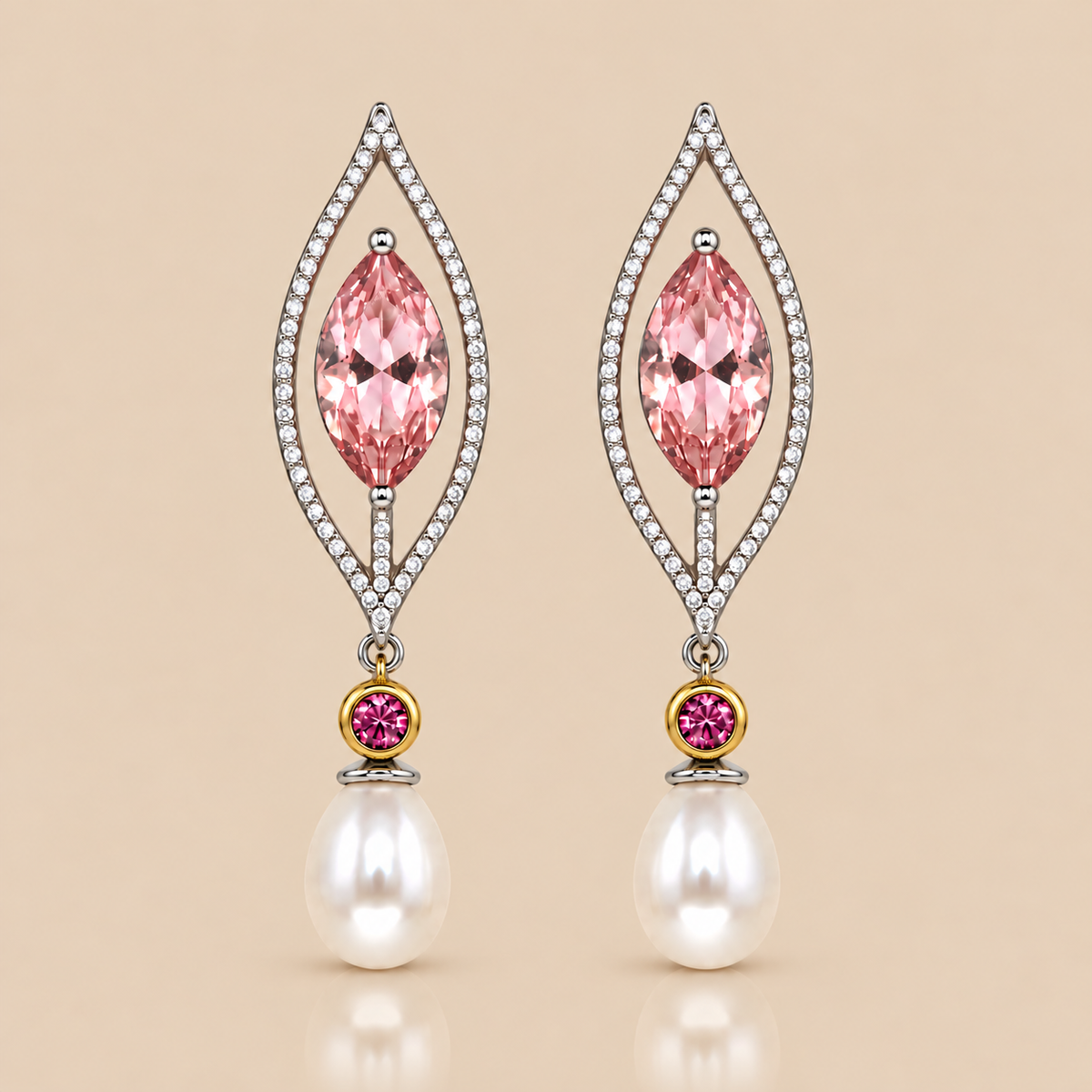 Marquise shaped pink gemstone, surrounded by clear white stones and a pink connector with freshwater pearl drop .